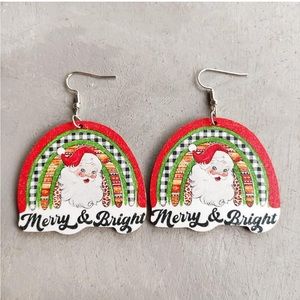 Christmas Theme Wooden Dangle Earrings Santa Claus Rainbow Women Xmas Jewelry